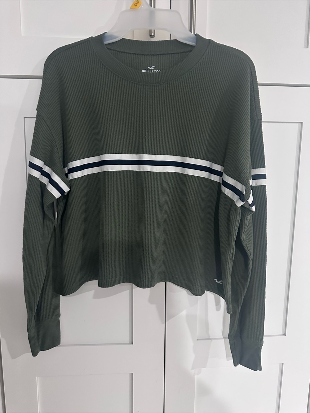 Hollister Olive Green Cropped Waffle-Knit Crew with White & Navy Stripes